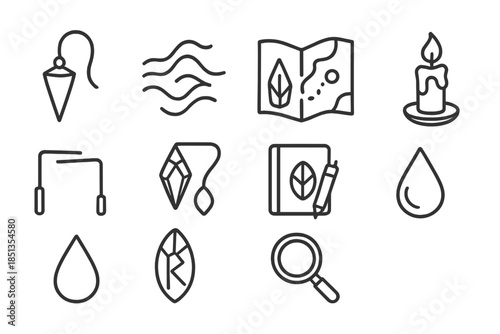Esoteric Mapping Icons. Line style icons of Esoteric Mapping: Pendulum, Energy Flow, Dowsing Map, Nontraditional Practice; Compass