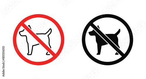 Graphic illustration of two no dogs allowed signs with line through dog silhouette on white background