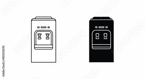Line art and solid black illustrations of two coffee or water coolers with a simple design on a white background.