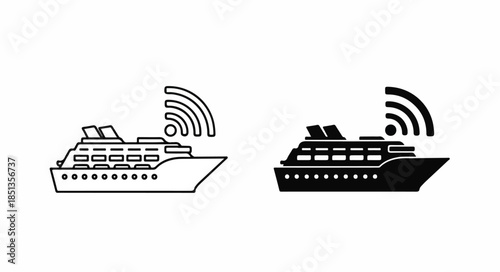 Black and white line icons of cruise ships with Wi-Fi signals on a plain white background.