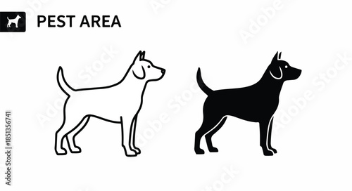 Black and white line art illustration of two dogs standing side by side on a white background with a pest area label.