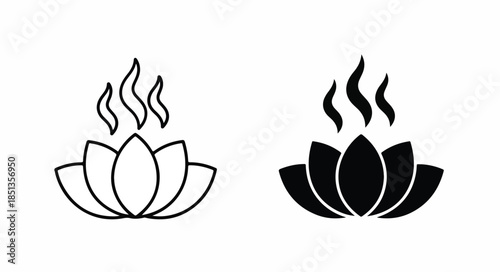 Two black and white lotus flower icons with rising steam on a plain white background in a graphic illustration.