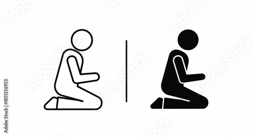 Simple line icons of two people kneeling in contrasting black and white on a plain background.