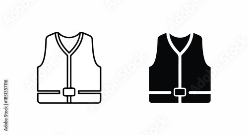 Two black and white line art illustrations of sleeveless jackets with belts on a plain white background.