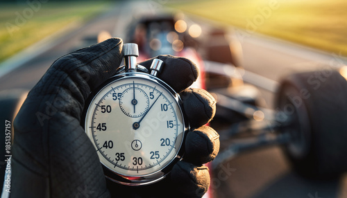 Professional gloved hand holds a classic stopwatch with a blurred racing car background. Symbolizing speed, precision, and performance, ideal for sports and business competition media.