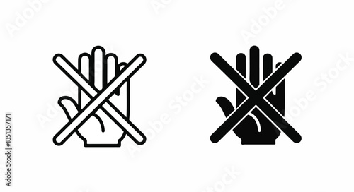 Graphic illustration of two hands with palms facing outwards and crossed through with an X symbol in black and white on a plain background.