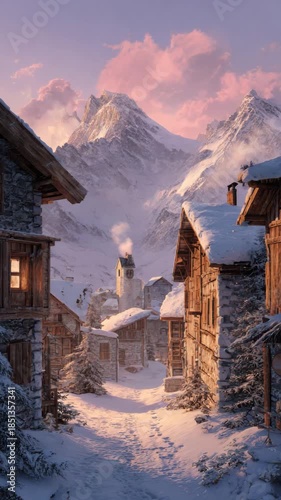 Snowy Alpine Village Path with Stone Houses Smoke and Pink Purple Winter Clouds