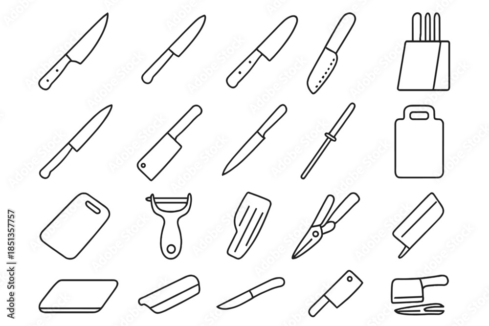 Obraz premium Kitchen Knife Icons. Line style icons of Kitchen Cutting Gear: chef knife, paring knife, bread knife, santoku knife, carving knife
