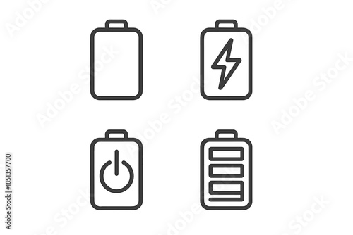 Battery Charge Icons. Line style icons of Battery Charge Power: battery silhouette, charge bolt, power arc, level bars, terminal