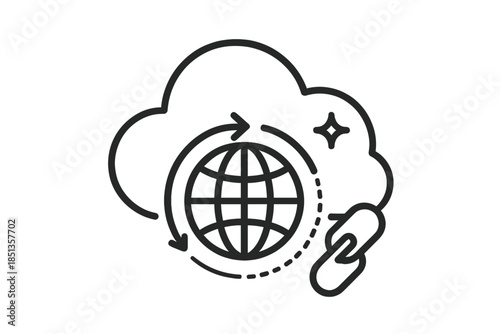 Global Cloud Sync Icons. Line style icons of Global Cloud Sync: cloud form, sync arrows, globe arc, data trace, link band, subtle
