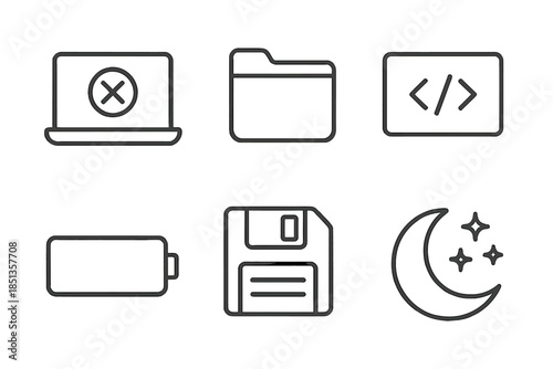 Offline Coding Icons. Offline coding mode: Line style icons of laptop with no signal, local folder, code snippet card, battery