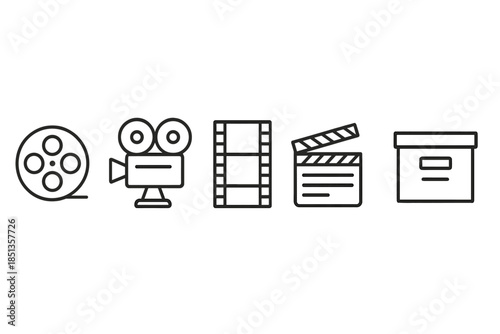Cinematic Icon Collection. Film reel history: Line style icons of film reel, vintage camera, frame strip, clapper board, projector
