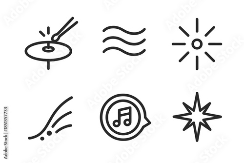 Percussive Energy Icons. Percussive tempo energy: Line style icons of cymbal hit, shimmer waves, beat sparks, rhythm trail, tempo