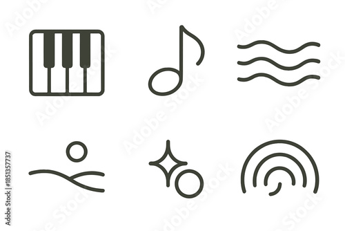 Harmony in Line Icons. Soft piano resonance: Line style icons of soft keys, mellow note, calm waves, harmony field, tone spark,