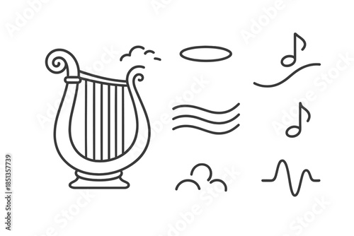 Celestial Harp Harmony. Heavenly harp melody: Line style icons of celestial harp, rising notes, light waves, halo ring, melody