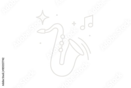 Saxophone Iconography Nightscape. Sax under night sky: Line style icons of horn silhouette, star shine, note rise, sound stroke,