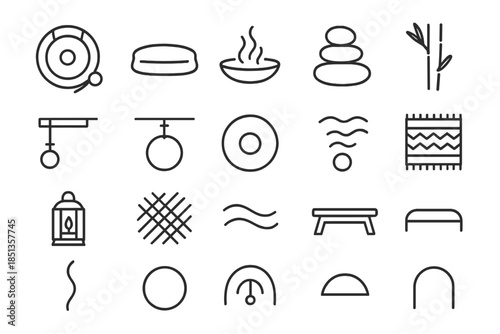 Harmonic Stillness Icons. Line style icons of Harmonic Stillness Session: round gong, padded striker, deep cushion, ember dish,