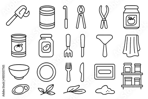 Cooking and Canning Tools. Line style icons of Cooking and Canning Tools: can opener, tin can, lid lift, hand grip, canned beans,