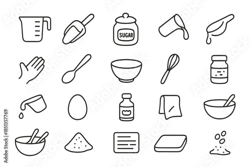 Home Baking Icons. Line style icons of Home Baking Tools: measuring cup, flour scoop, sugar jar, liquid pour, hand hold, spoon,