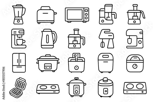 Kitchen Appliance Icons. Line style icons of kitchen appliances: Blender, Toaster, Microwave, Oven, Coffee Machine, Electric