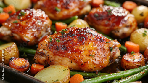 Baked honey-glazed chicken thighs on a sheet pan, surrounded by roasted vegetables like carrots, potatoes, and green beans for a one-pan meal concept.