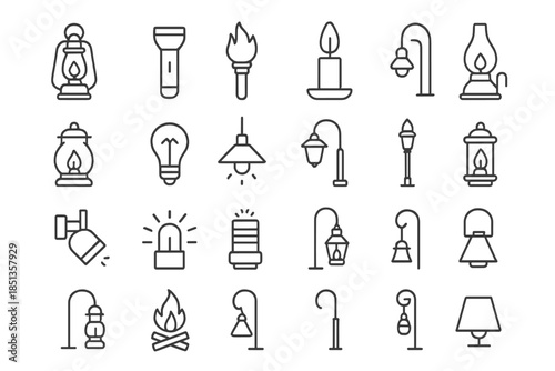 Illumination Device Icons. Line style icons of illumination devices: Lantern, Flashlight, Torch, Candle, Oil Lamp, Gas Lamp, LED