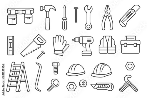 Toolkit Essentials Icons. Line style icons of toolkit essentials: Toolbelt, Hammer, Screwdriver, Nail, Wrench, Pliers, Tape