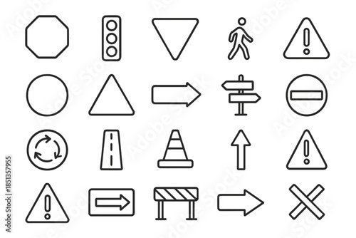 Road Sign Icons. Line style icons of road signs: Stop Sign, Traffic Light, Yield Sign, Pedestrian Crossing, Speed Limit Sign,