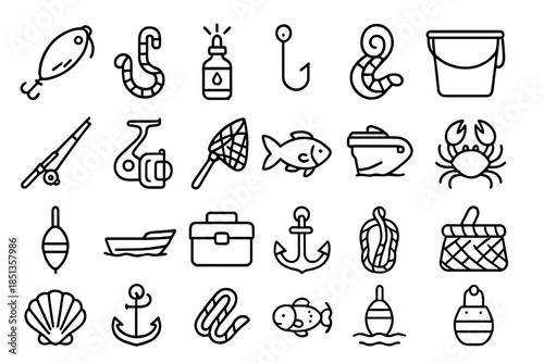 Fishing Gear Icons. Line style icons of fishing bait: Bait, Worm, Attract, Hook, Line, Rod, Reel, Net, Fish, Bucket, Float, Boat,