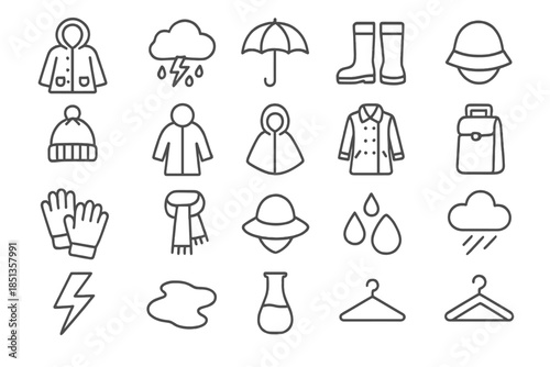 Weather Apparel Icons. Line style icons of weather apparel: Raincoat, Storm, Umbrella, Boots, Hat, Hood, Poncho, Coat, Gloves,