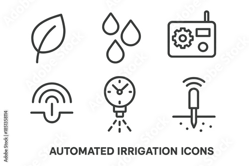 Automated Irrigation Icons. Line vector icons of automated irrigation: leaf shape, water flow line, control unit, soil moisture