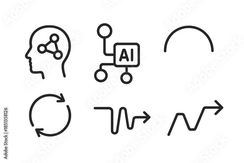 Augmented Collaboration Icons. Line vector icons of augmented collaboration: human head, algorithm node, assistive arc, joint flow