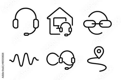 Boundary-Free Work Icons. Line vector icons of boundary-free work headset: ergonomic headset, merged house–office contour, fluid