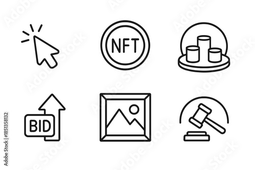 Online Auction Icons. Line vector icons of an online collectibles auction: bidding cursor, token outline, virtual podium ring, bid