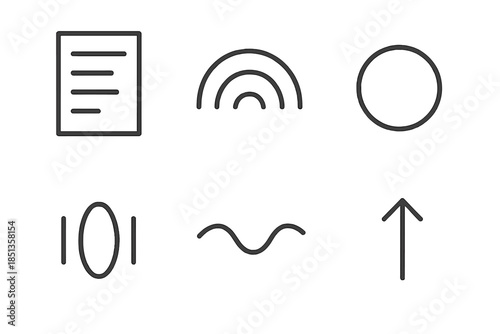 Open Information Flow Icons. Line vector icons of open information flow: document frame, light-beam arc, open ring, clarity band,