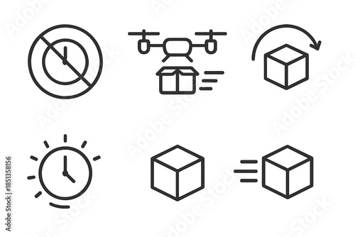 Rapid Delivery Icons. Line vector icons of anti-delayed delivery concept: crossed delay hint, fast drone outline, direct path arc,