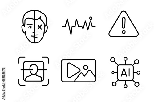 Deepfake Detection Icons. Line vector icons of deepfake and fake-media detector: split real/fake face, waveform anomaly graph,