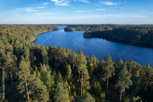 Aerial view to lake and forest landscape in Nuuksio national park in Finland.
