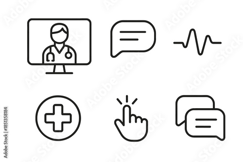 Online Healthcare Vector Icons. Line vector icons of online healthcare session: screen outline, caregiver profile, chat arc, pulse