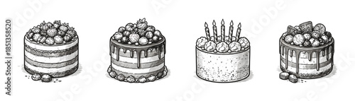 Cakes vintage engraving icons set, bakery dessert collection