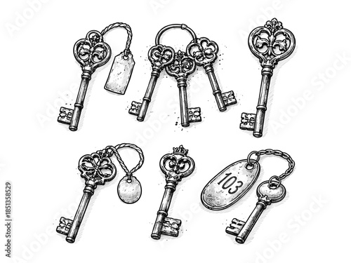 Vintage keys engraving illustration, antique lock access