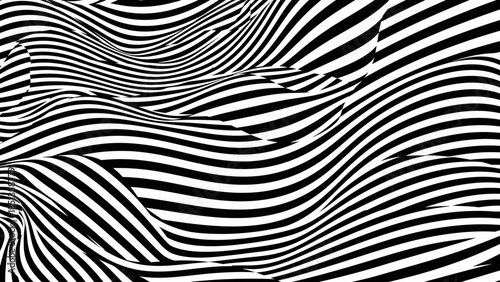 Intense black and white wavy curved lines abstract optical illusion pattern on an isolated white background, with powerful dynamic motion.