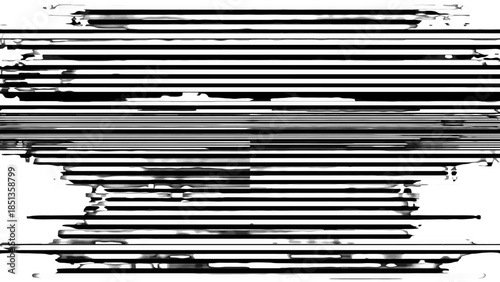 Abstract distressed black horizontal lines grunge pattern with glitch effect on an isolated white background, showcasing digital disruption.