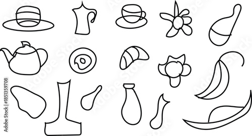 Hand Drawn Household Items Doodle Set - House, Teapot, Medicine, and Kitchenware.