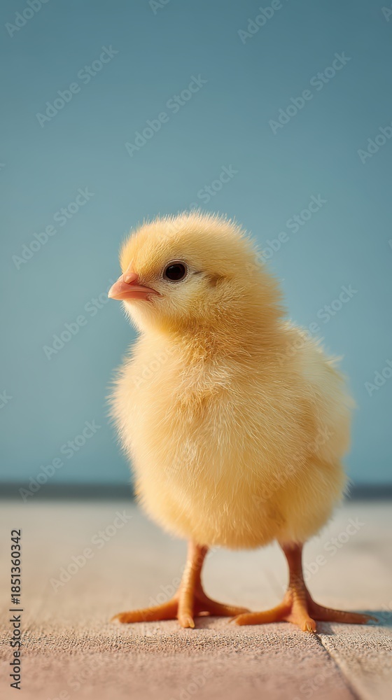 Fototapeta premium cute baby chick standing, clean bright background, soft daylight, minimal vertical composition