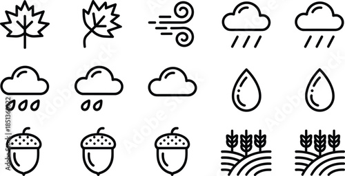 Autumn Weather Line Icons Set with Leaves, Rain, Wind and Seasonal Nature Symbols Vector