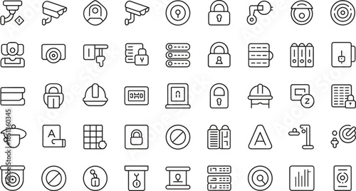 Security and Technology Line Icons Set with CCTV Cameras, Locks, Servers and Protection Symbols Vector