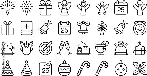 Christmas and New Year Line Icons Set with Gifts, Decorations, Calendar and Festive Symbols Vector