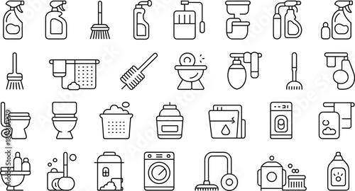 Household Cleaning and Home Appliance Line Icons Set with Laundry, Kitchen and Bathroom Equipment Vector