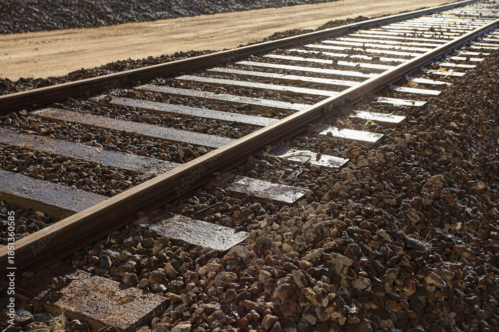 Naklejka premium Railway tracks perspective view. Steel rails on gravel ballast. Transportation infrastructure detail. Industrial travel route outdoors. Linear pattern and direction. Logistics transport concept.